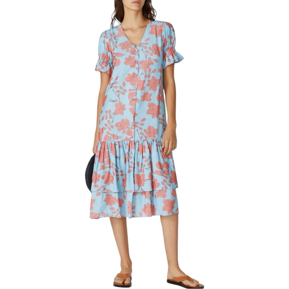 Lobo Rosa Botones Floral Print Dress size Medium Short Sleeves Tiered Midi